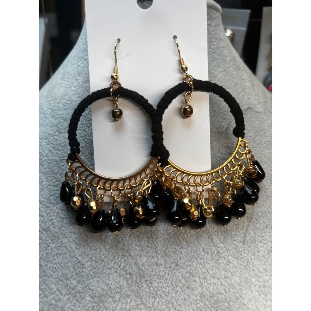 #70. Bohemian Black Beaded Hoop Earrings